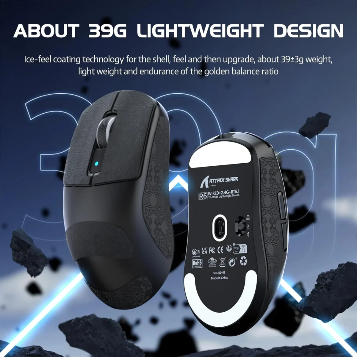 Attack Shark R6 Tri-mode Wireless 2.4G/Bluetooth/wired Gaming Mouse, 42K DPl PAW 3950Max Sensor Nordic 52480, 8KHz Polling, OMRON Optical Switch Ultralight 39g (Black)