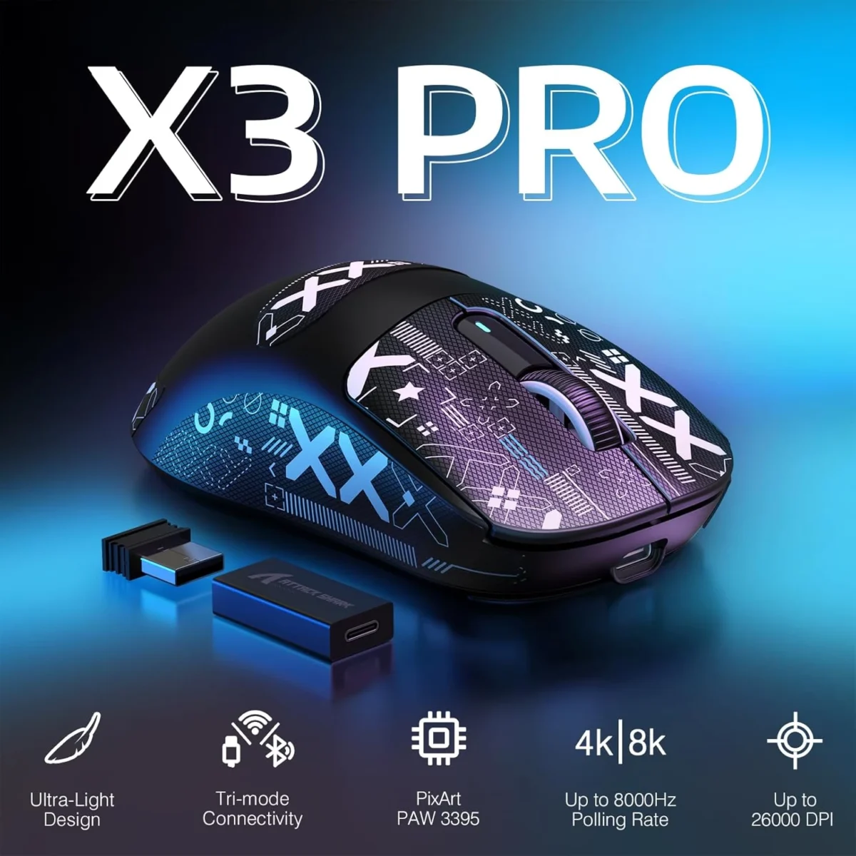 Attack Shark X3 Pro 4K8K Hz Gaming Mouse, 59g Superlight BT2.4G WirelessWired PixArt PAW3395 Gaming Sensor, 26000 DPI, Griptape, Programmable Buttons for Win11XboxPSMac (Black)