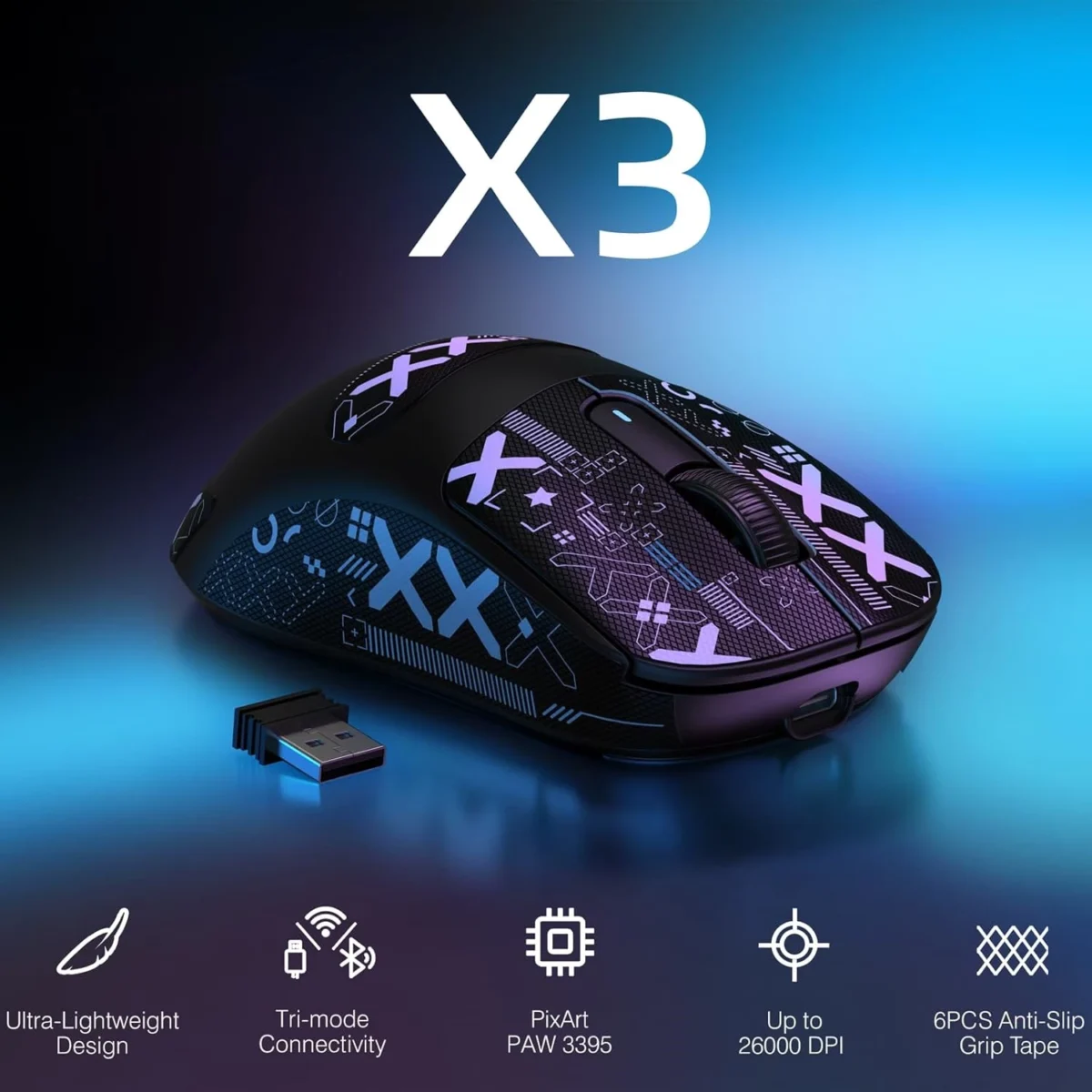 Attack Shark X3 Tri-modes Wireless 2.4Ghz, Wired, BT5.0 Gaming Mouse, 49g Lightweight Triple Mode Ergonomic Computer Mouse, PAW3395 26K DPI Sensor, 200h Battery Life, (Black)