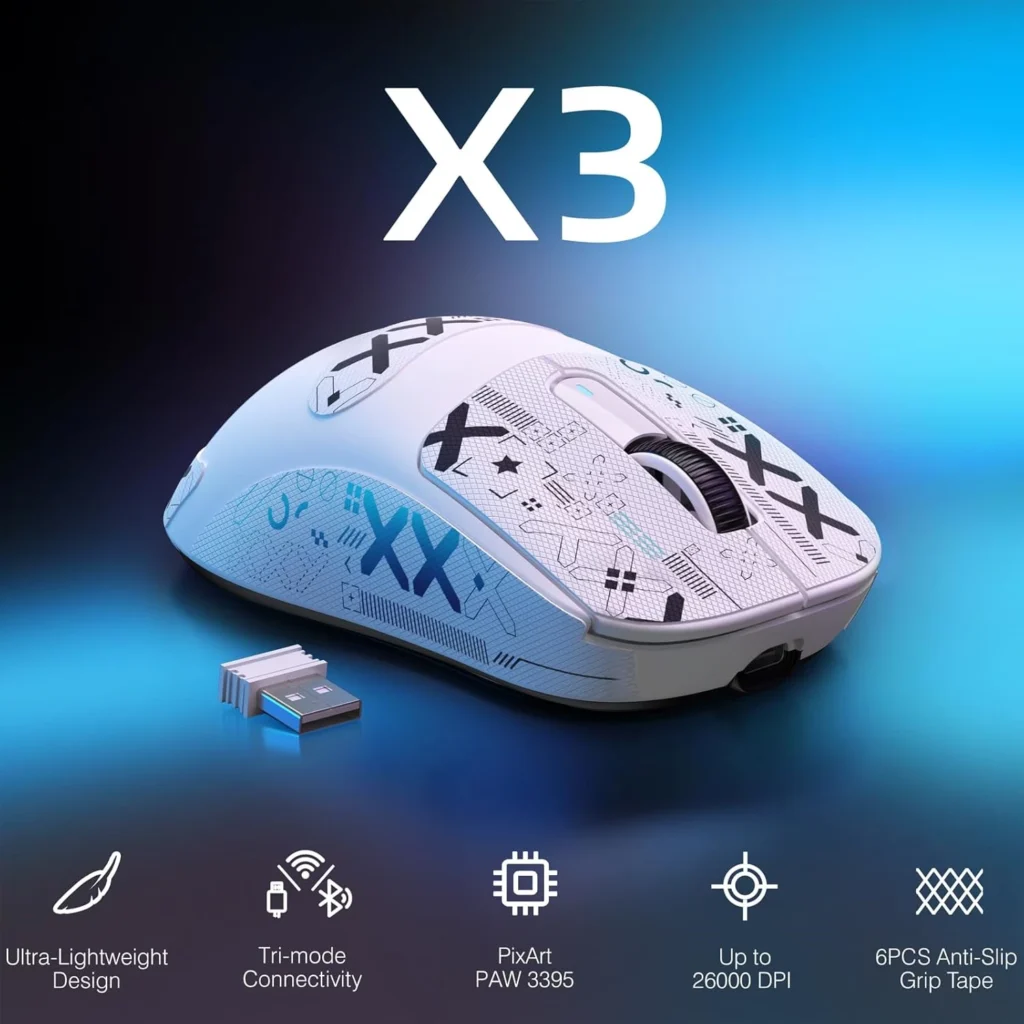 Attack Shark X3 Tri-modes Wireless 2.4Ghz, Wired, BT5.0 Gaming Mouse, 49g Lightweight Triple Mode Ergonomic Computer Mouse, PAW3395 26K DPI Sensor, 200h Battery Life, (White)