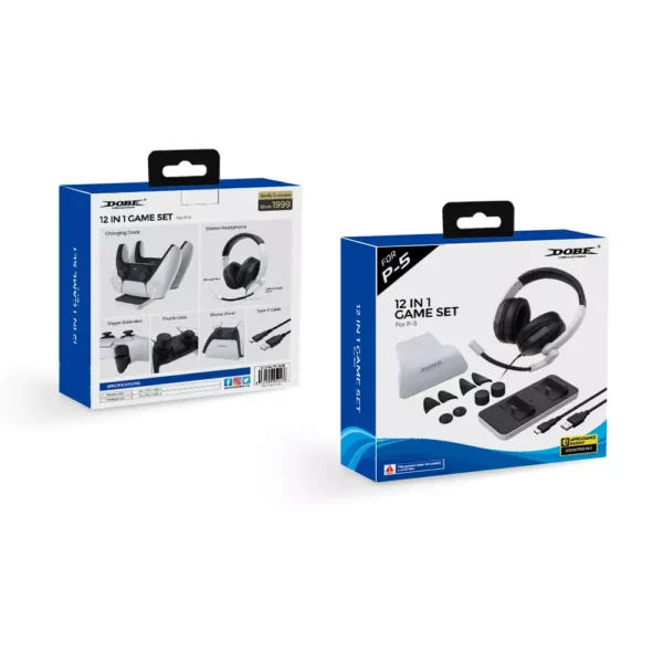 Dobe 12 in 1 Game Kit for PS5 1*dual charger base (TP5-0591), 1*stereo headset (TY-1802), 1 set of PS5 handle trigger button, 1 set of PS5 handle rocker cap, 1*PS handle display stand, 1*Type- C wired