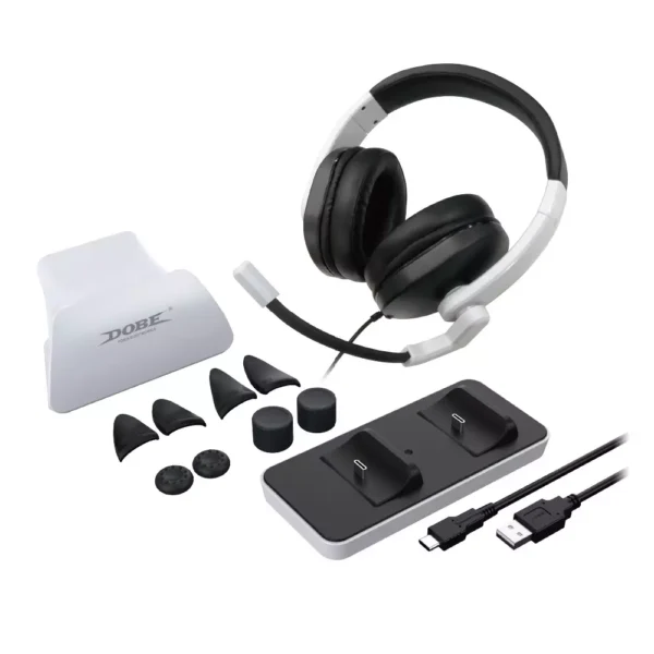 Dobe 12 in 1 Game Kit for PS5 1*dual charger base (TP5-0591), 1*stereo headset (TY-1802), 1 set of PS5 handle trigger button, 1 set of PS5 handle rocker cap, 1*PS handle display stand, 1*Type- C wired
