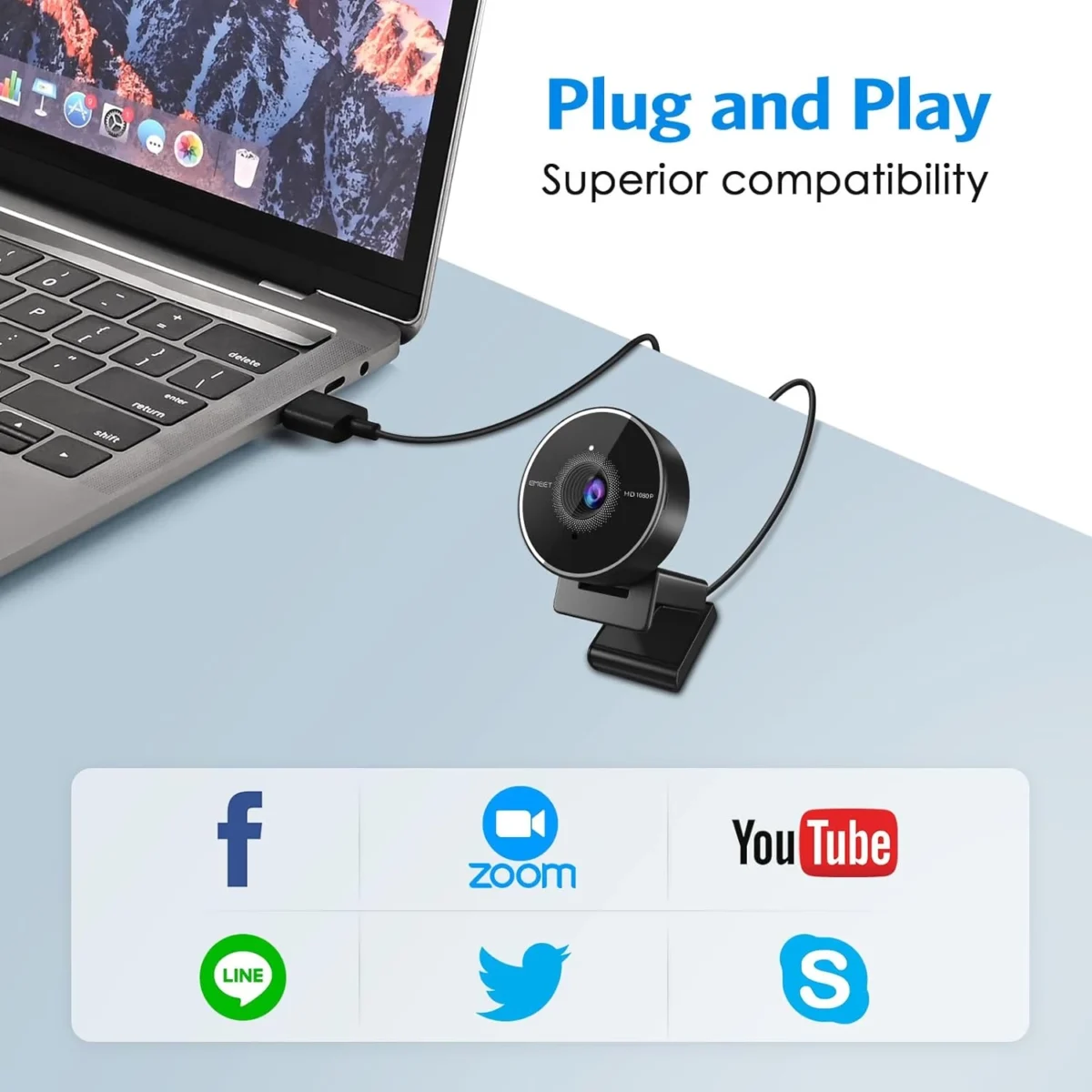 EMEET C955 Webcam for PC, 1080P Webcam with Microphone&Privacy Cover, Auto Light Correction, 70° FOV