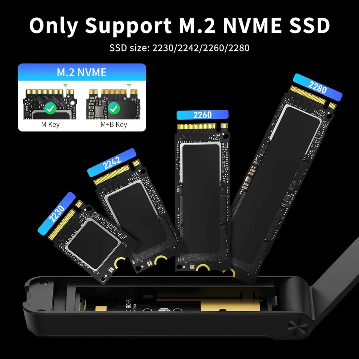 FIDECO M.2 NVMe SSD Enclosure, USB 3.2 Gen 2 to M.2 NVMe Enclosure, PCIe NVMe Adapter for M & M+B Key