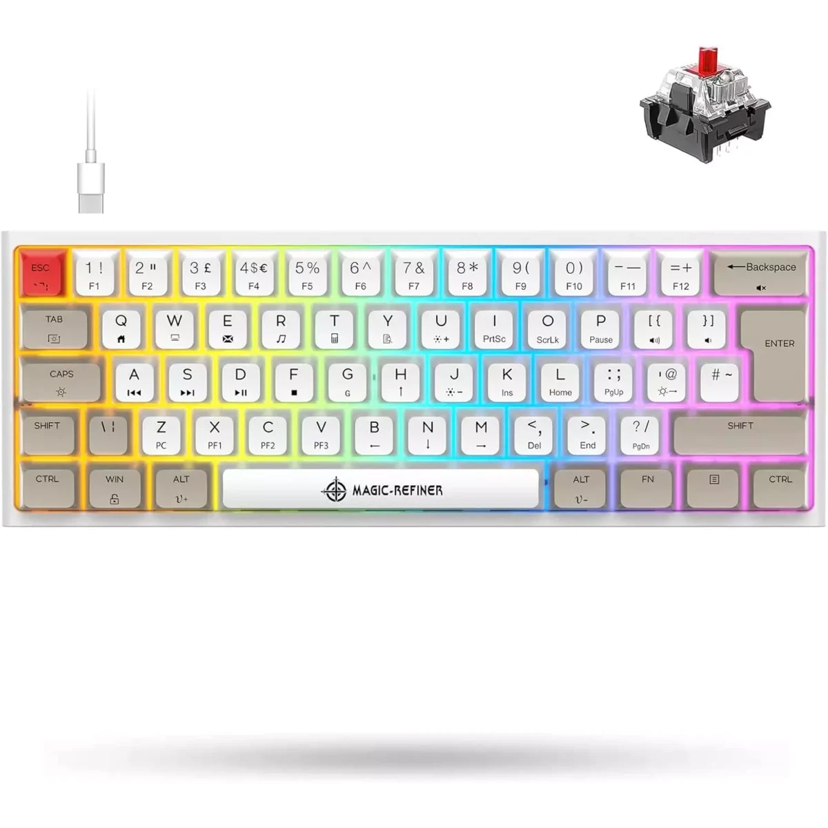 MAGIC-REFINER MK22 60% Gaming Mechanical Keyboard - Red Switch - Dye-Sublimation Keycap - Full RGB 62 Keys - Detachable Type C Cable