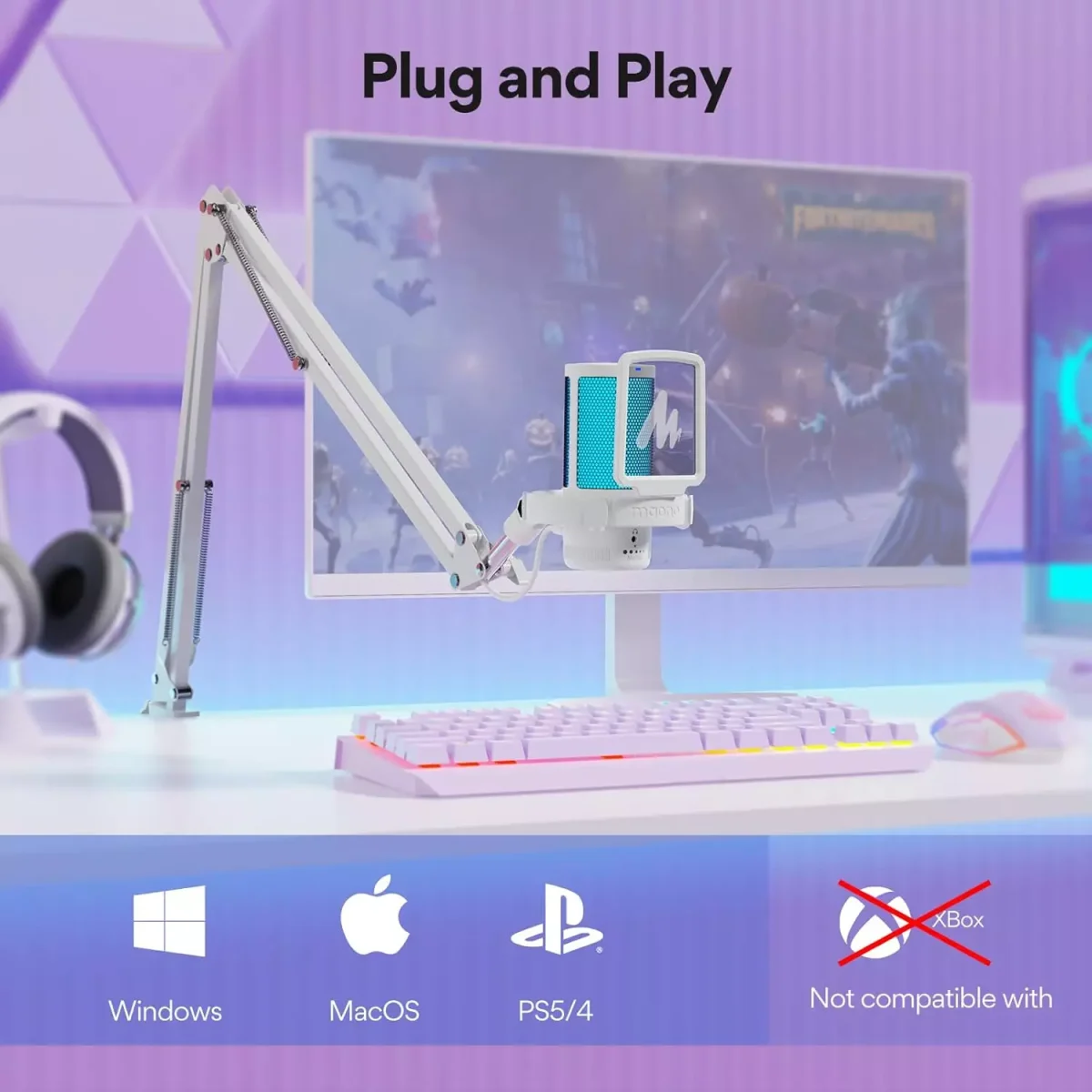 MAONO DGM20S RGB USB Condenser Gaming Microphone With Boom Arm (White)