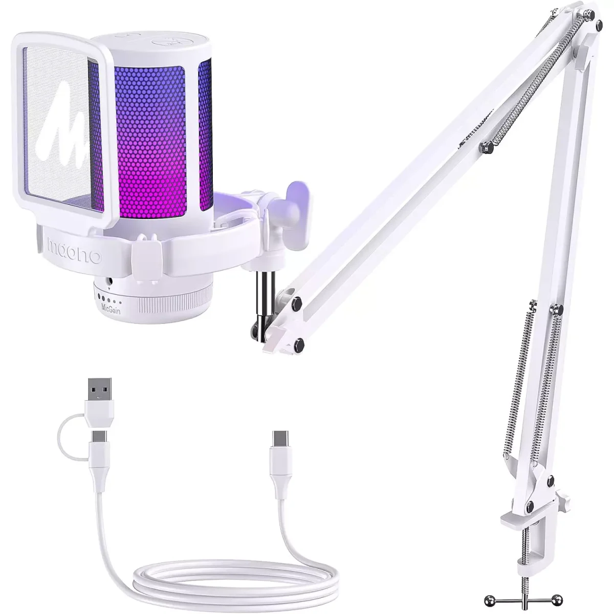 MAONO DGM20S RGB USB Condenser Gaming Microphone With Boom Arm (White)
