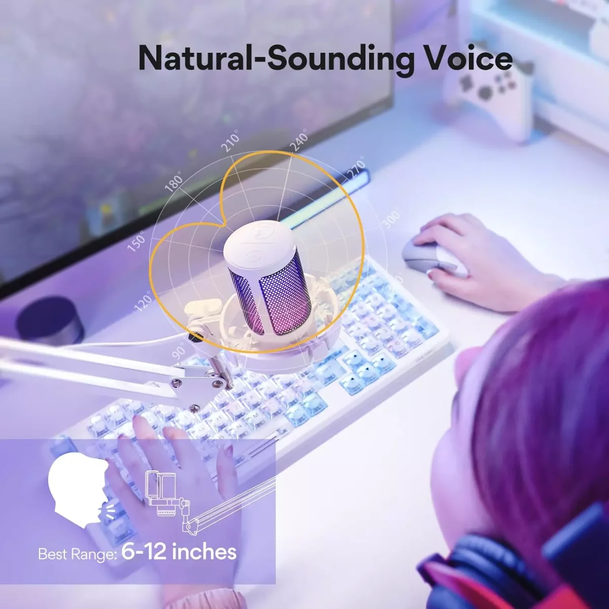 MAONO DGM20S RGB USB Condenser Gaming Microphone With Boom Arm (White)