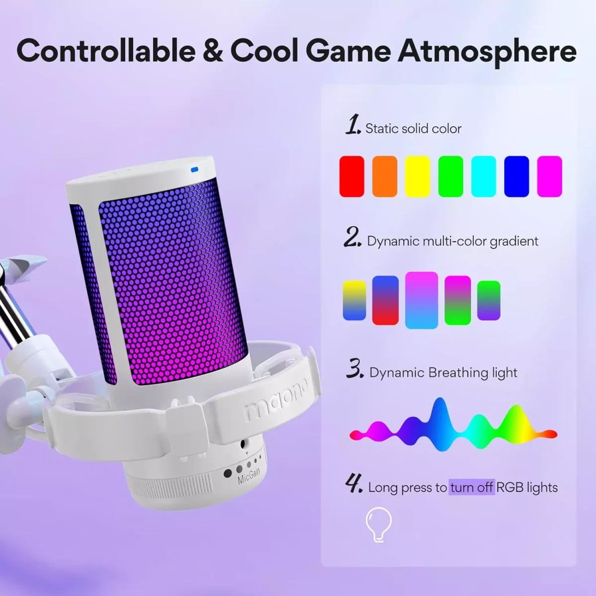 MAONO DGM20S RGB USB Condenser Gaming Microphone With Boom Arm (White)