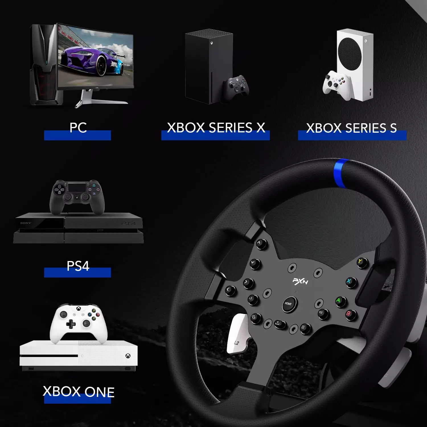 PXN V99 PC Racing Wheel, Real Force Feedback Steering Wheel