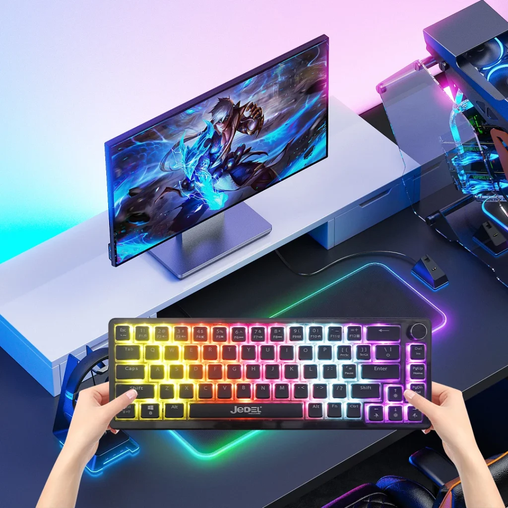 JEDEL KL-150 Gaming Mechanical Keyboard - Crystal Switches Linear - Rainbow LED Lighting - Detchable USB C Cable - Volume Knob (Black)