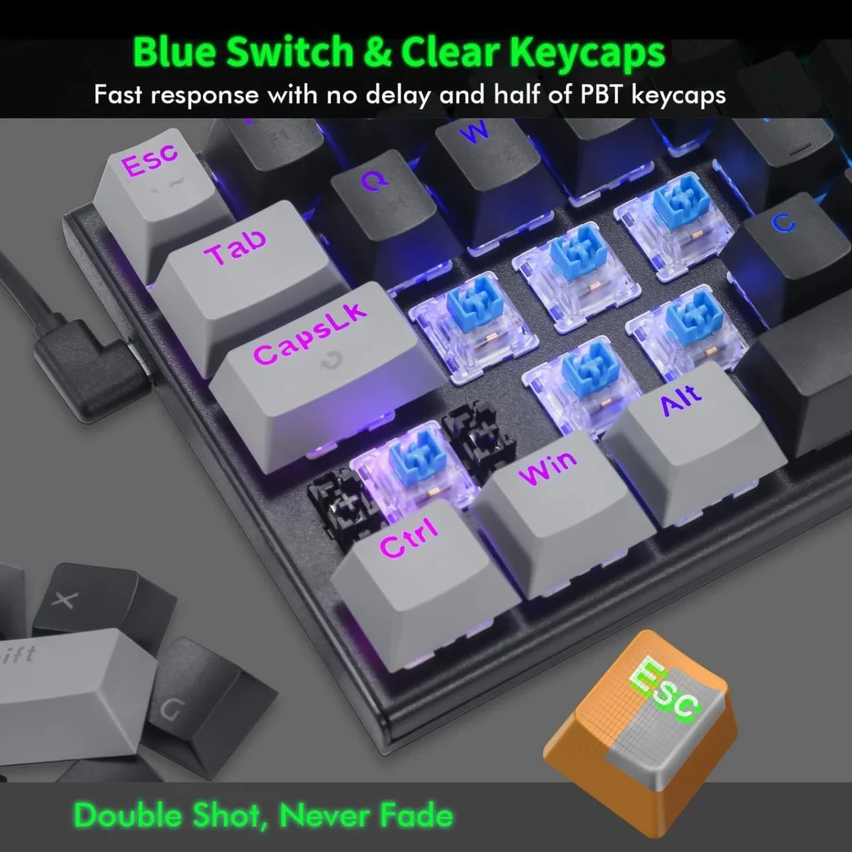 JEDEL KL69 60% Gaming Mechanical Keyboard - Blue Switches - Rainbow LED Lighting (English & Arabic)