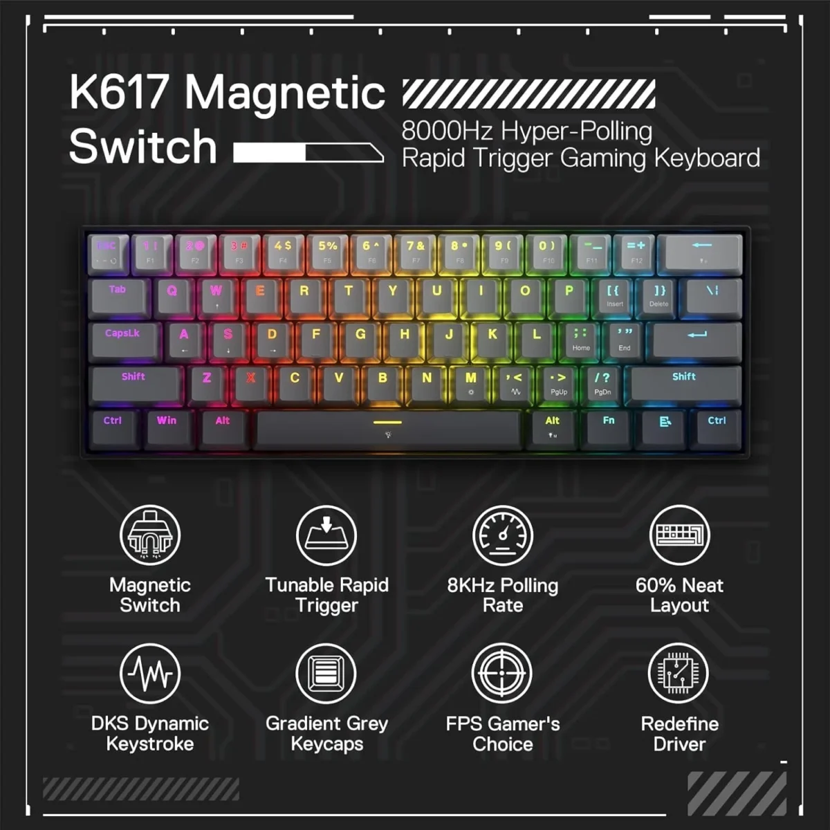 Redragon K617 Rapid Trigger Gaming Mechanical Keyboard w/Hyper-Fast Actuation, Dedicated Magnetic Switch, Actuation Point Adjustable, 8K Hz Polling Rate, Misty Grey