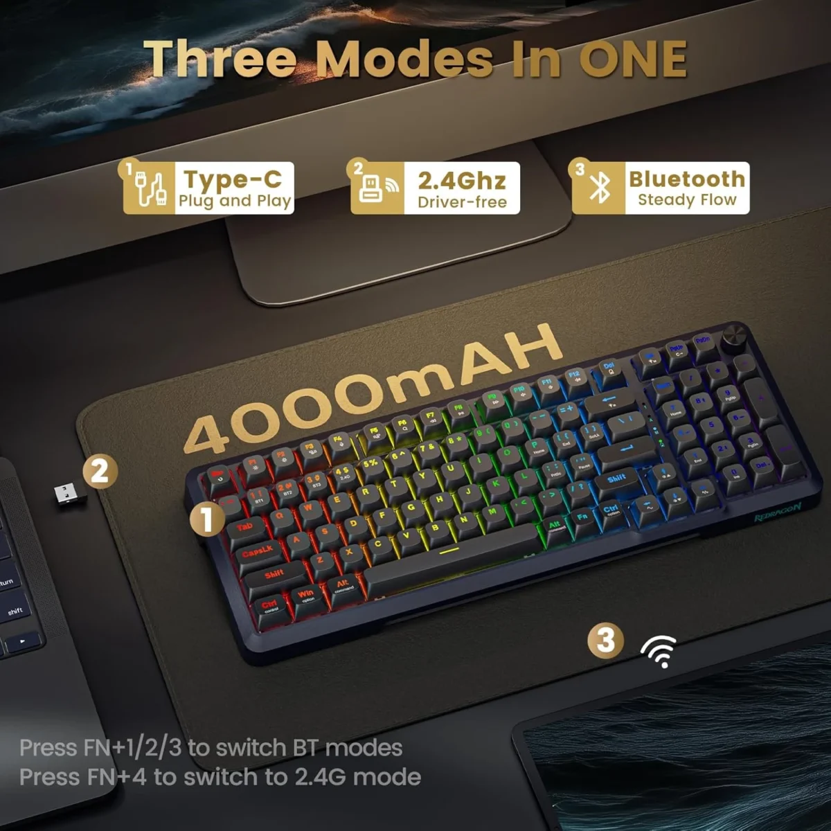 Redragon K688 3 Mode Wireless, Bluetooth, Wired RGB Gaming Mechanical Keyboard, Gasket Mounted with Volume Knob, Pre-Lubed Linear Switches, MDA-Profile, 98 Keys Hot Swappable Creamy (Black Gray)