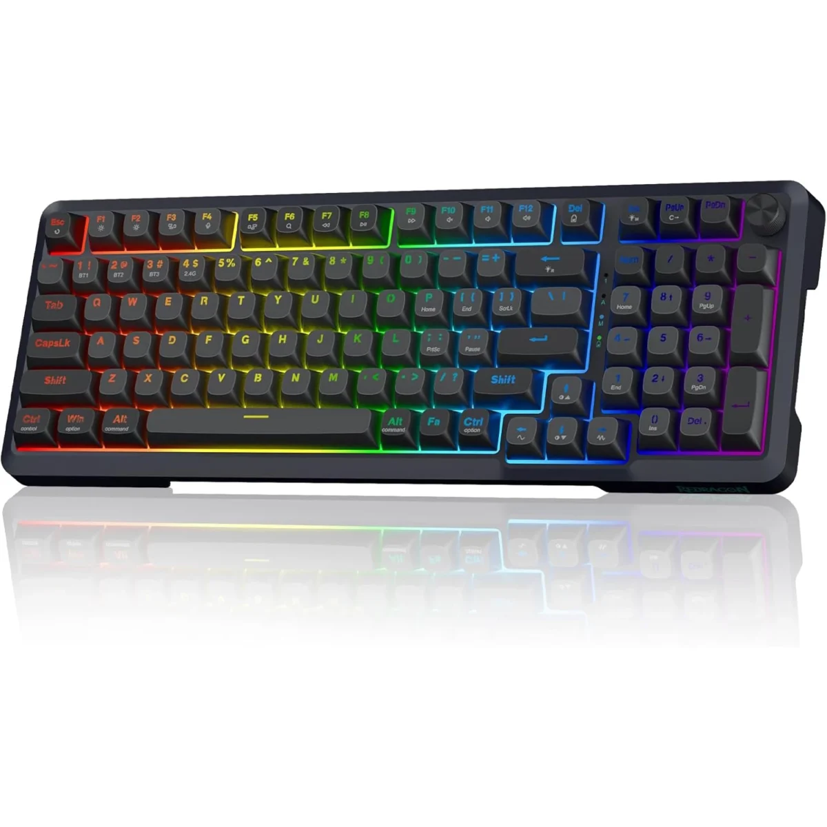 Redragon K688 3 Mode Wireless, Bluetooth, Wired RGB Gaming Mechanical Keyboard, Gasket Mounted with Volume Knob, Pre-Lubed Linear Switches, MDA-Profile, 98 Keys Hot Swappable Creamy (Black Gray)