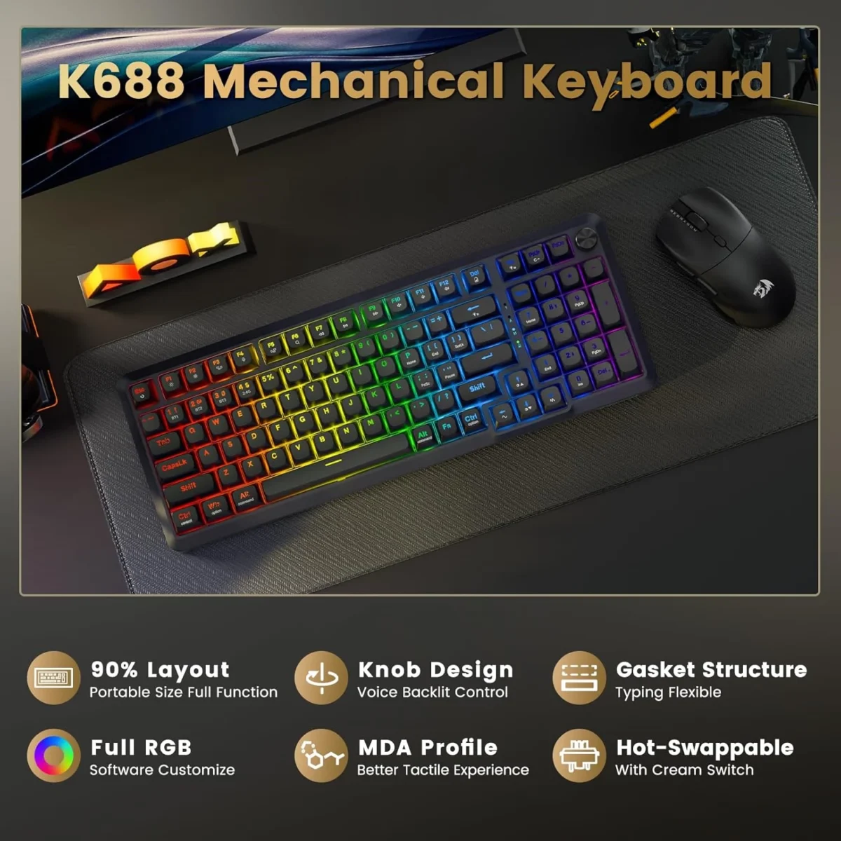 Redragon K688 3 Mode Wireless, Bluetooth, Wired RGB Gaming Mechanical Keyboard, Gasket Mounted with Volume Knob, Pre-Lubed Linear Switches, MDA-Profile, 98 Keys Hot Swappable Creamy (Black Gray)