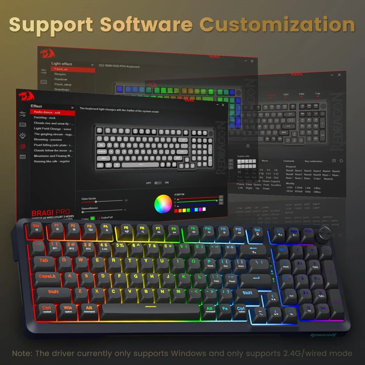 Redragon K688 3 Mode Wireless, Bluetooth, Wired RGB Gaming Mechanical Keyboard, Gasket Mounted with Volume Knob, Pre-Lubed Linear Switches, MDA-Profile, 98 Keys Hot Swappable Creamy (Black Gray)