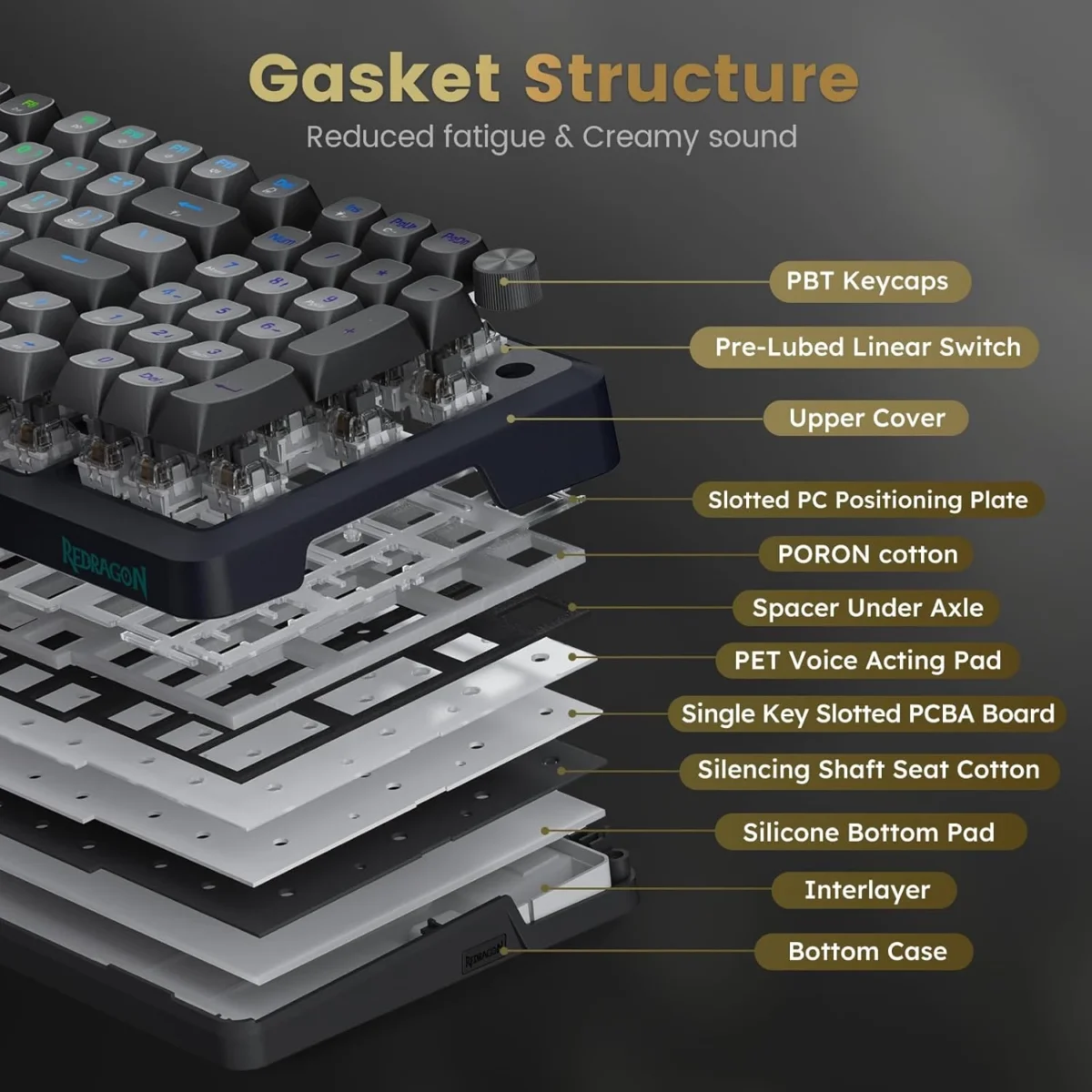 Redragon K688 3 Mode Wireless, Bluetooth, Wired RGB Gaming Mechanical Keyboard, Gasket Mounted with Volume Knob, Pre-Lubed Linear Switches, MDA-Profile, 98 Keys Hot Swappable Creamy (Black Gray)