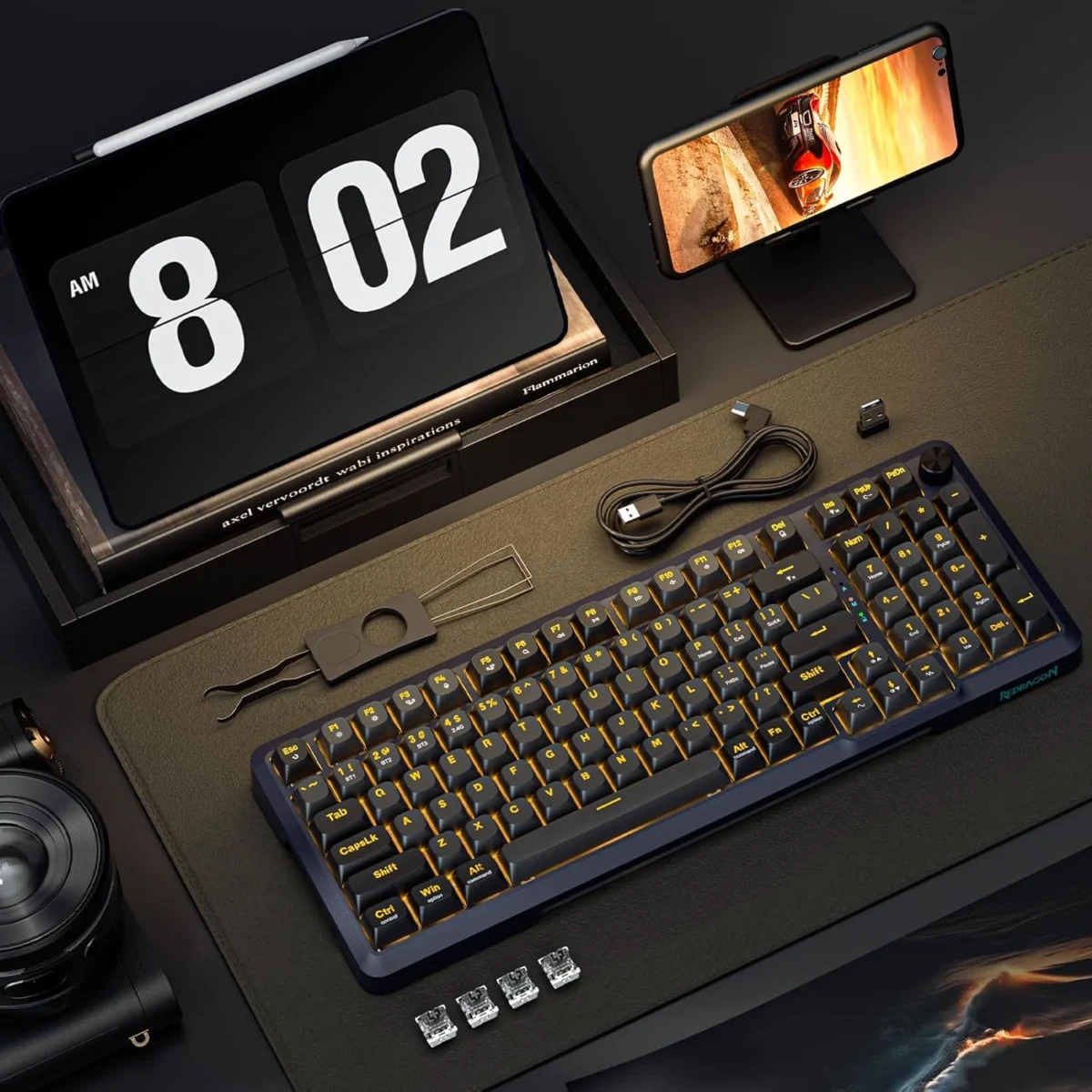 Redragon K688 3 Mode Wireless, Bluetooth, Wired RGB Gaming Mechanical Keyboard, Gasket Mounted with Volume Knob, Pre-Lubed Linear Switches, MDA-Profile, 98 Keys Hot Swappable Creamy (Black Gray)
