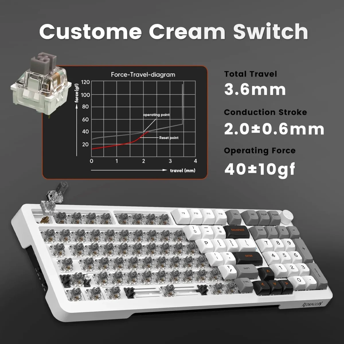 Redragon K688 3 Mode Wireless, Bluetooth, Wired RGB Gaming Mechanical Keyboard, Gasket Mounted with Volume Knob, Pre-Lubed Linear Switches, MDA-Profile, 98 Keys Hot Swappable Creamy (Black Gray) (Copy)