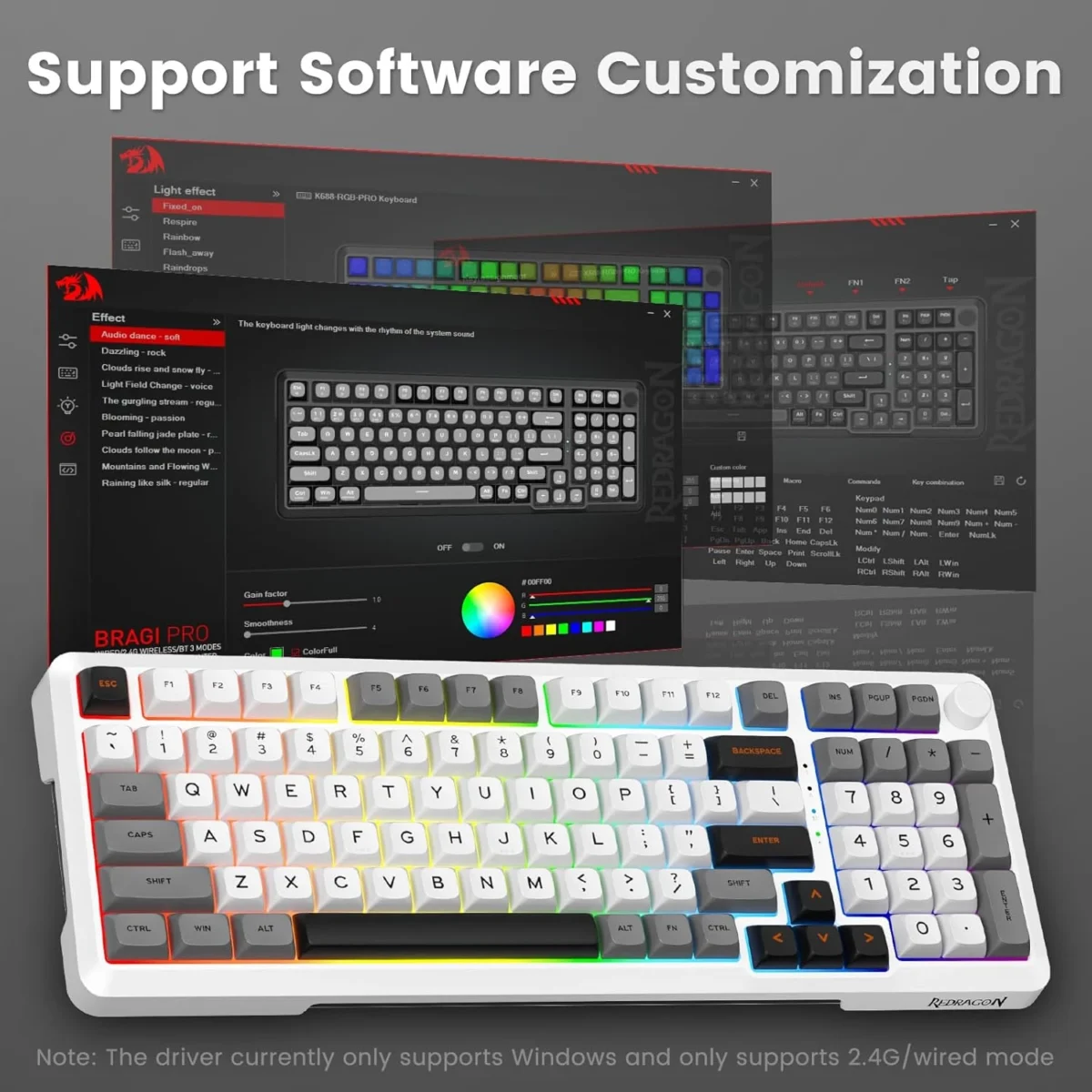 Redragon K688 3 Mode Wireless, Bluetooth, Wired RGB Gaming Mechanical Keyboard, Gasket Mounted with Volume Knob, Pre-Lubed Linear Switches, MDA-Profile, 98 Keys Hot Swappable Creamy (Black Gray) (Copy)