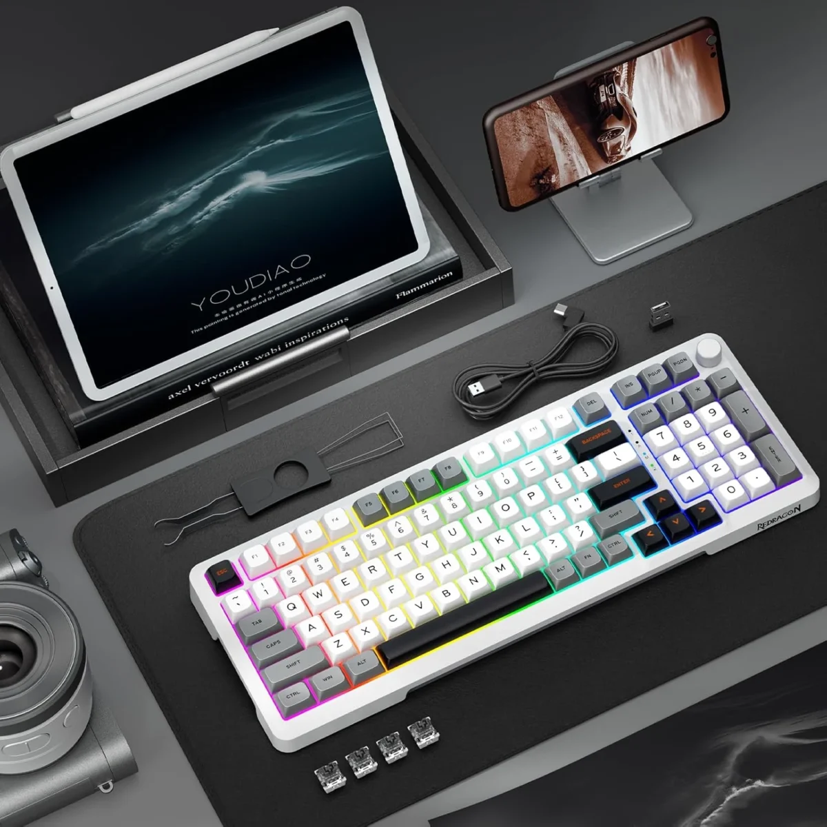 Redragon K688 3 Mode Wireless, Bluetooth, Wired RGB Gaming Mechanical Keyboard, Gasket Mounted with Volume Knob, Pre-Lubed Linear Switches, MDA-Profile, 98 Keys Hot Swappable Creamy (Black Gray) (Copy)