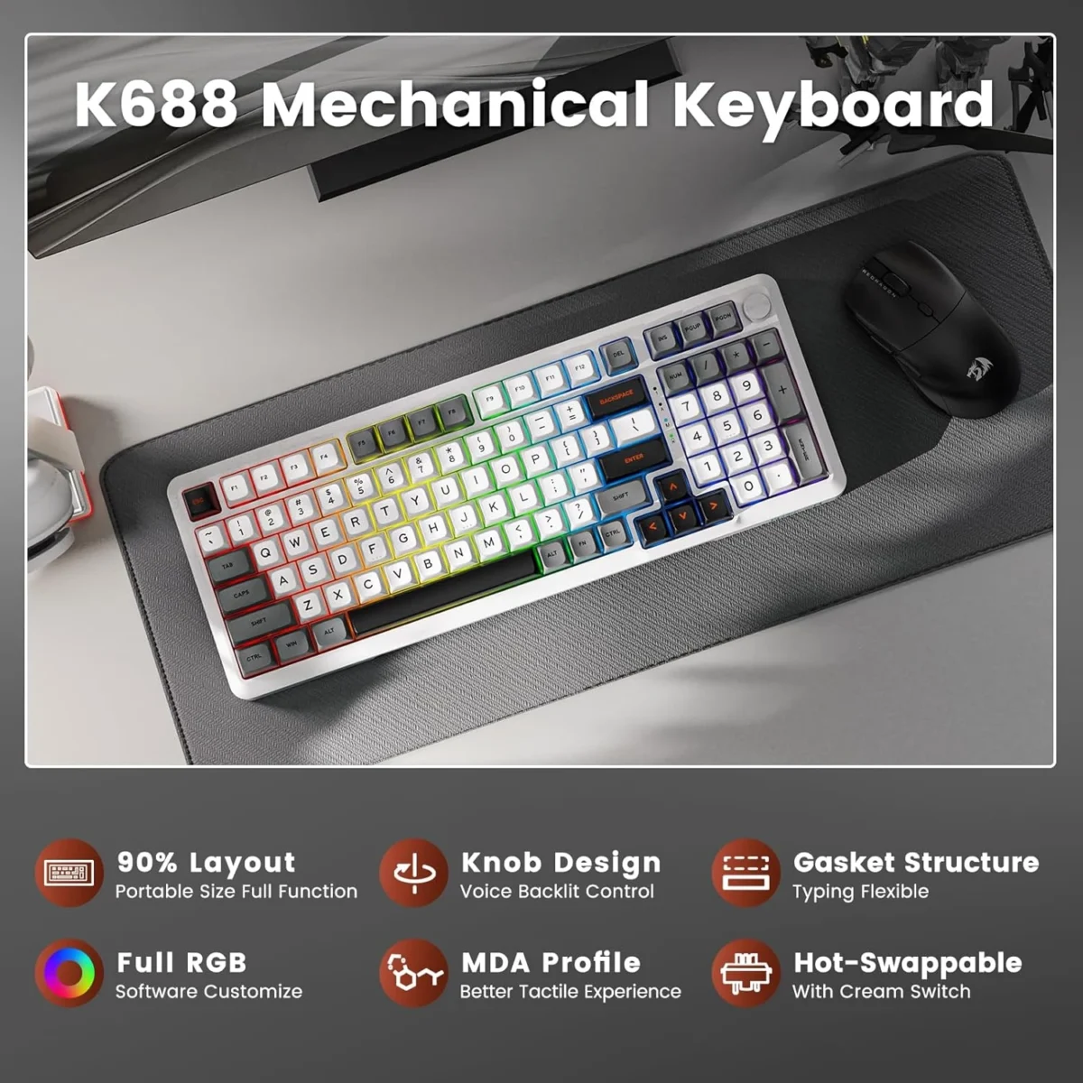 Redragon K688 3 Mode Wireless, Bluetooth, Wired RGB Gaming Mechanical Keyboard, Gasket Mounted with Volume Knob, Pre-Lubed Linear Switches, MDA-Profile, 98 Keys Hot Swappable Creamy (Black Gray)