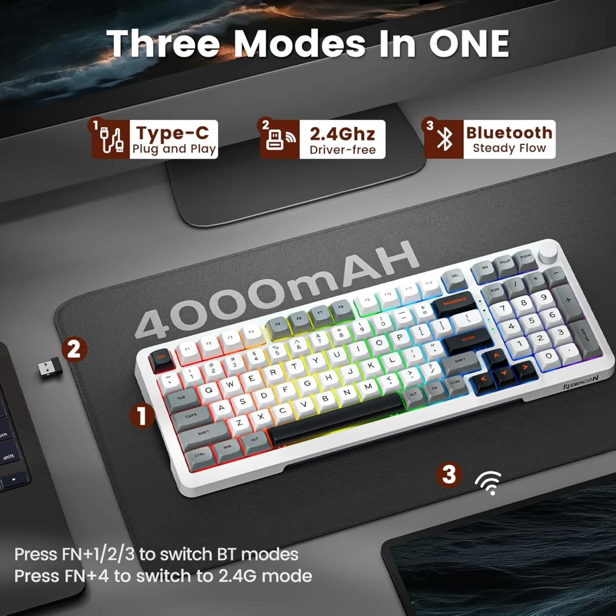 Redragon K688 3 Mode Wireless, Bluetooth, Wired RGB Gaming Mechanical Keyboard, Gasket Mounted with Volume Knob, Pre-Lubed Linear Switches, MDA-Profile, 98 Keys Hot Swappable Creamy (Black Gray) (Copy)
