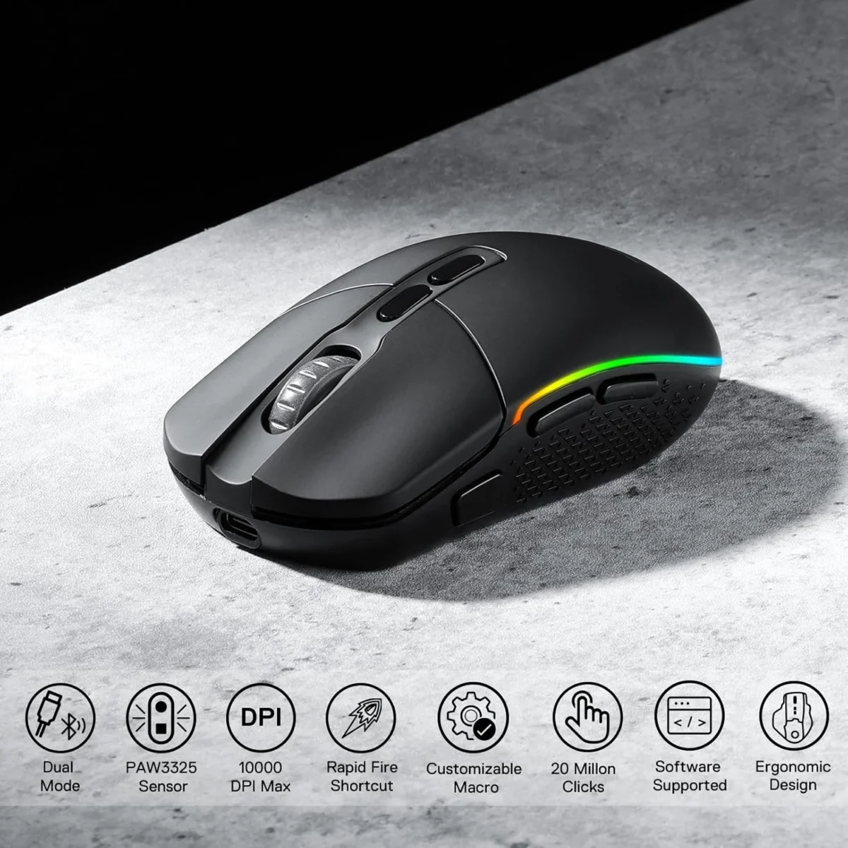 Redragon M719 Pro Rechargable Wireless Gaming Mouse, 8 Programmable Buttons, RGB Backlit, Optical Sesnor 10,000 DPI
