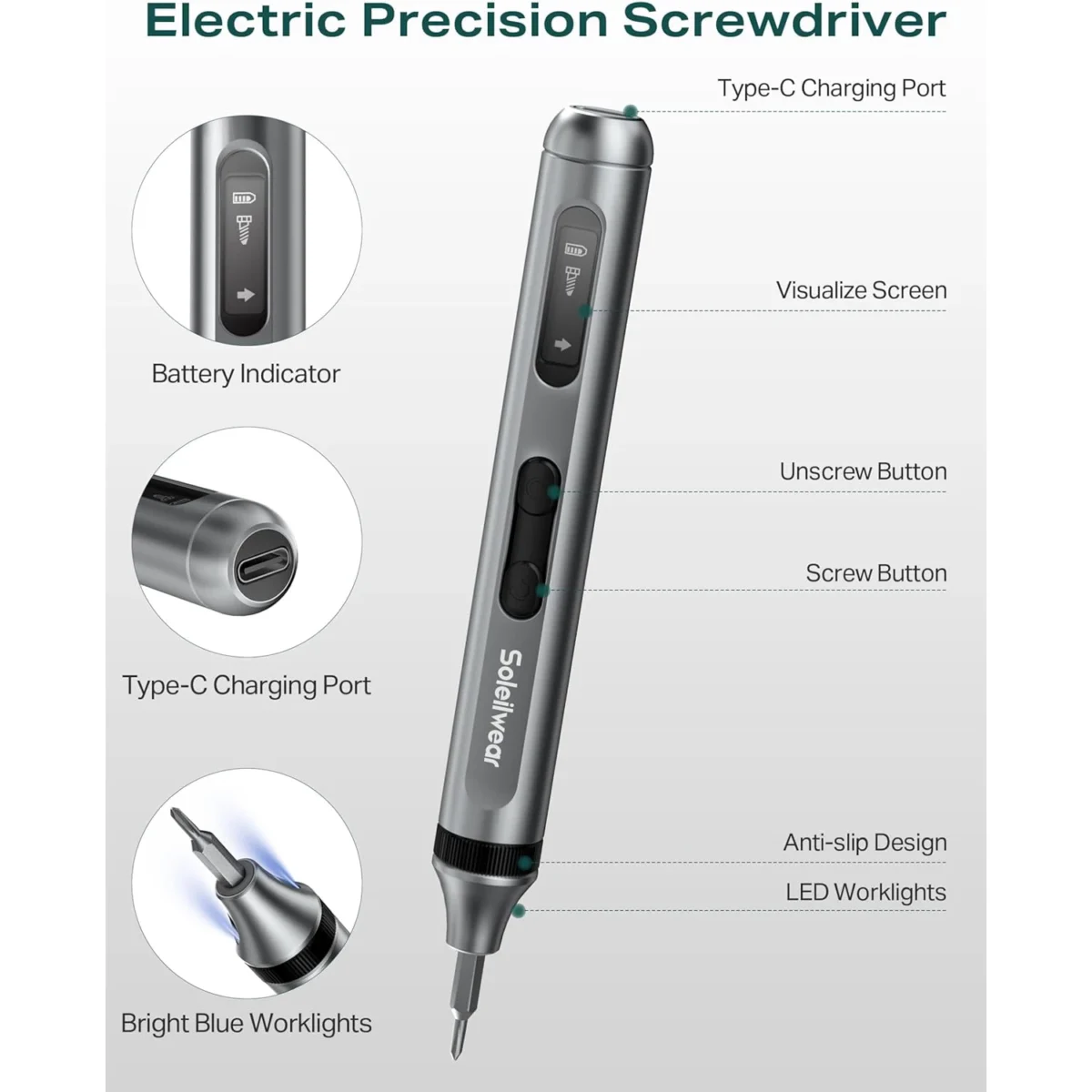 Soleilwear Mini Electric Screwdriver, 52 in 1 Electric Screwdriver Kit with 48 Magnetic Bits