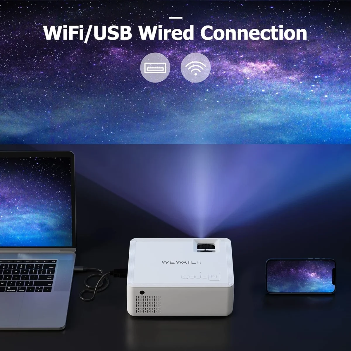 WEWATCH V10 WiFi Video Projector, Wireless Portable with Bluetooth Full HD 1080p Compatible with HDMI, VGA, TV Stick, iPhone, Android