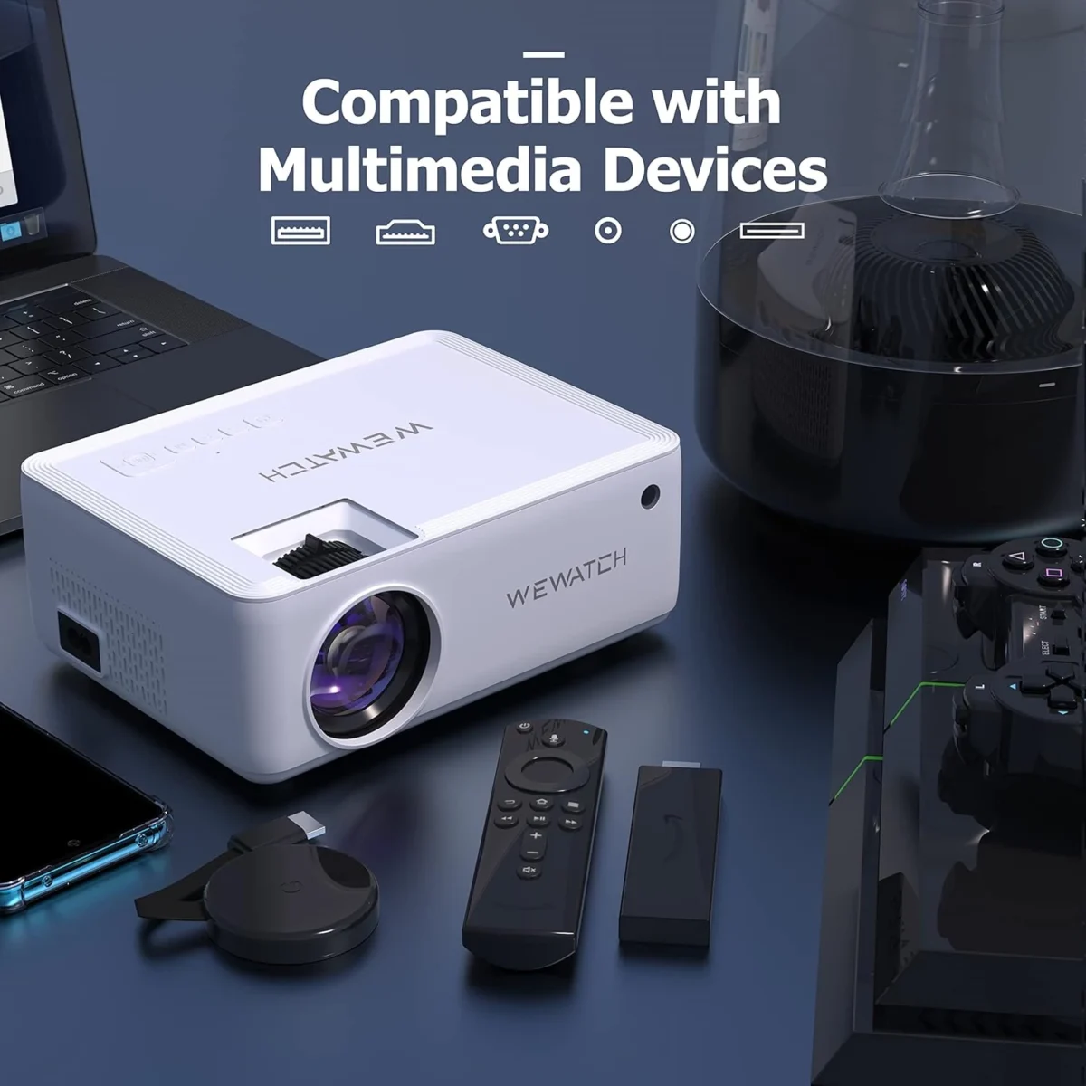 WEWATCH V10 WiFi Video Projector, Wireless Portable with Bluetooth Full HD 1080p Compatible with HDMI, VGA, TV Stick, iPhone, Android
