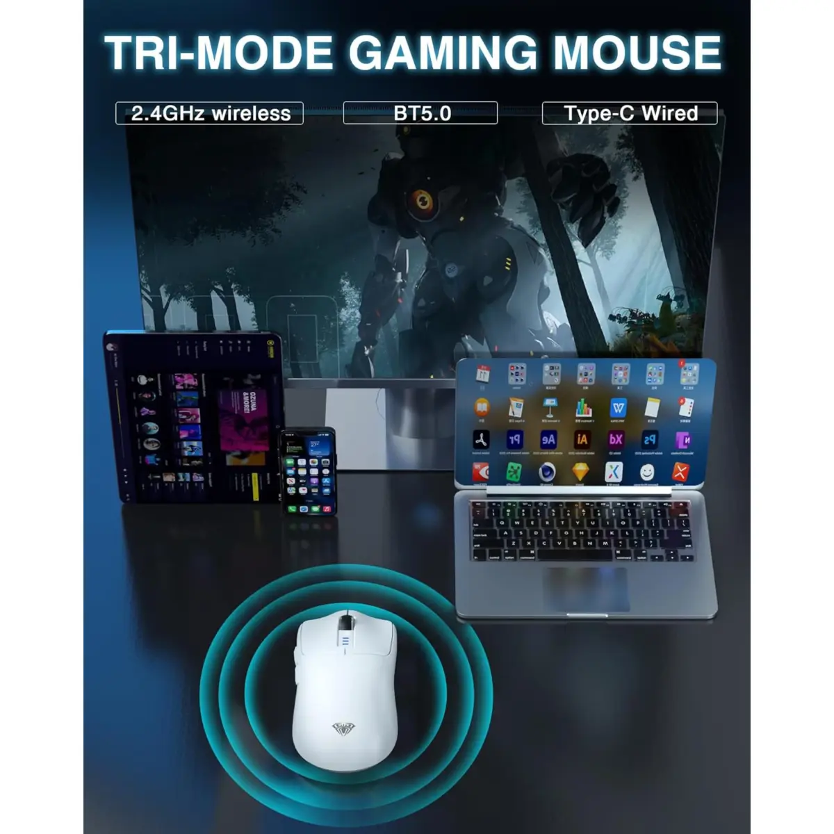 AULA SC580 3 Mode Wireless,Bluetooth & Wired Gaming Mouse - Optical Sensor 10,000 DPI - 1000 Hz Pooling Rate - 70 Hour Battery
