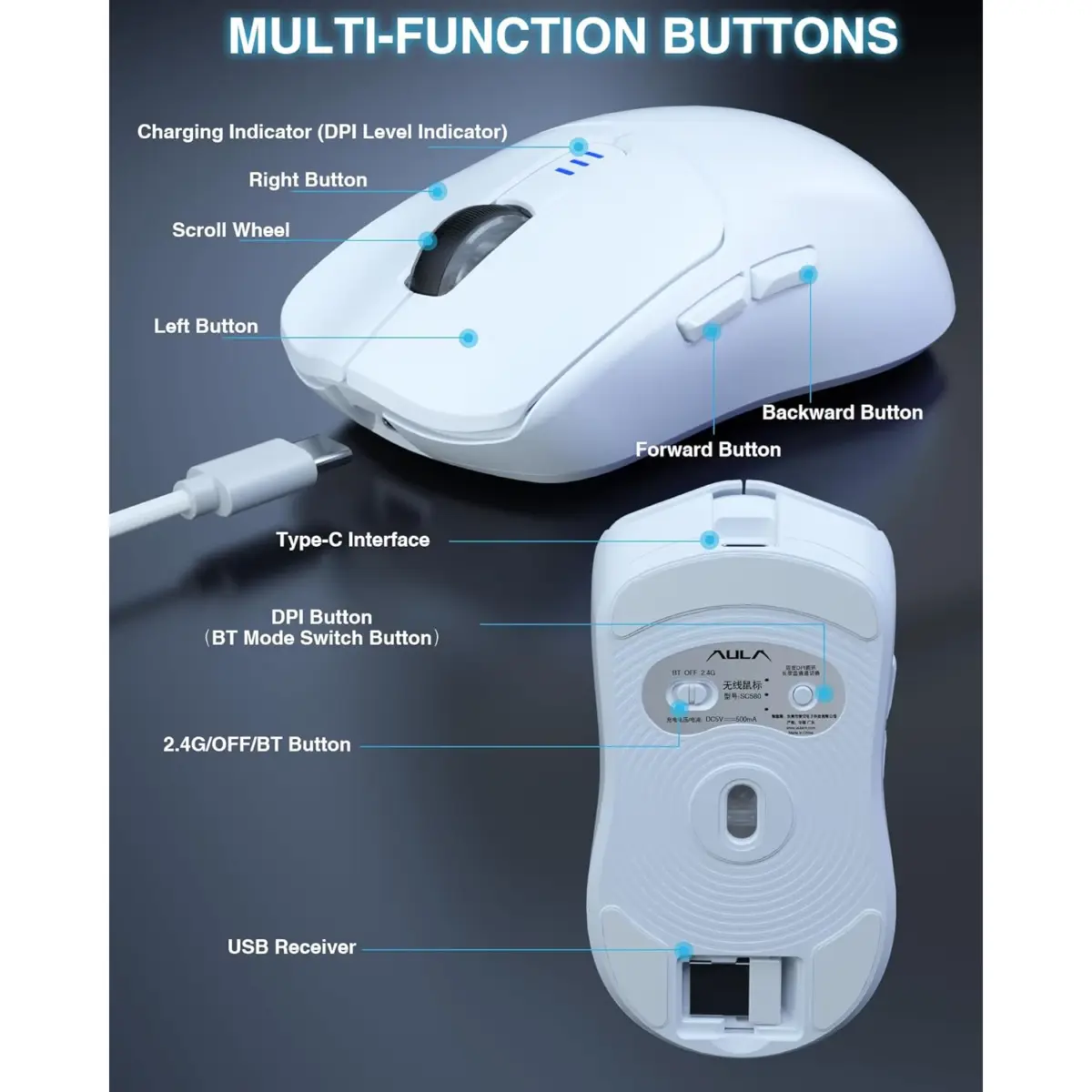 AULA SC580 3 Mode Wireless,Bluetooth & Wired Gaming Mouse - Optical Sensor 10,000 DPI - 1000 Hz Pooling Rate - 70 Hour Battery