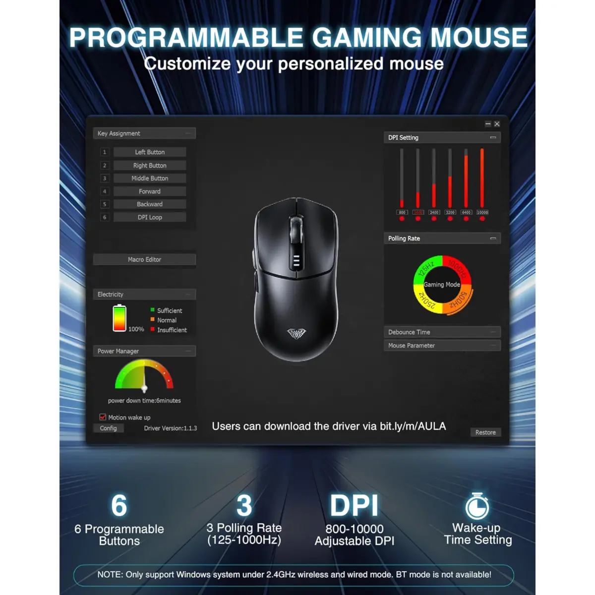 AULA SC580 3 Mode Wireless,Bluetooth & Wired Gaming Mouse - Optical Sensor 10,000 DPI - 1000 Hz Pooling Rate - 70 Hour Battery