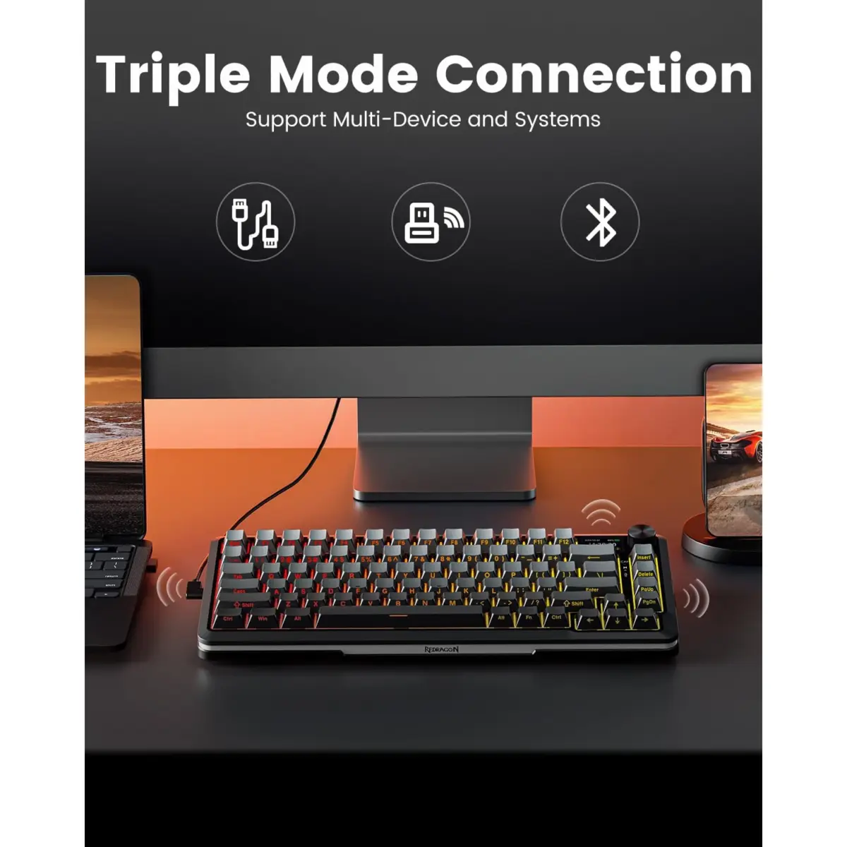 REDRAGON K708GG FLEKACT PRO RGB Gaming Mechanical Keyboard, BT/2.4Ghz/Wired 3-Mode, Leopard L Switch Linear (Gradient Gray)
