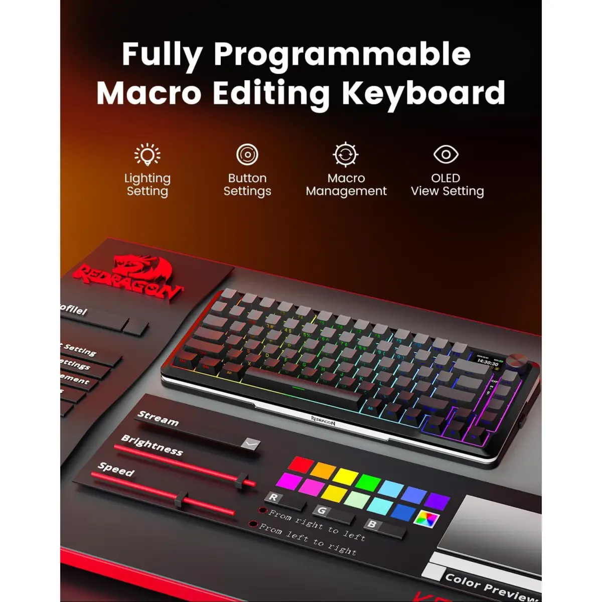 REDRAGON K708GG FLEKACT PRO RGB Gaming Mechanical Keyboard, BT/2.4Ghz/Wired 3-Mode, Leopard L Switch Linear (Gradient Gray)