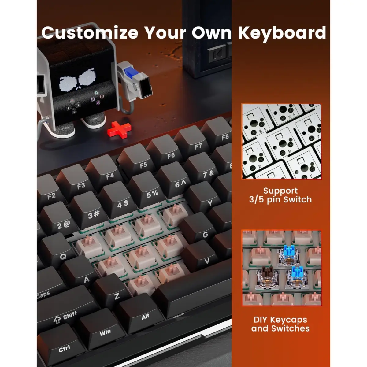 REDRAGON K708GG FLEKACT PRO RGB Gaming Mechanical Keyboard, BT/2.4Ghz/Wired 3-Mode, Leopard L Switch Linear (Gradient Gray)