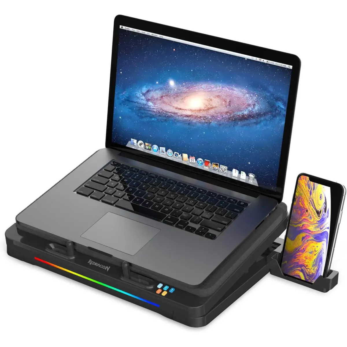 Redragon GCP512 Laptop Cooling Pad with 5.9" Fan, Rapid Cooling for 15-17 Inch Laptops, Variable Speed Control, 4 Adjustable Heights, RGB Quiet Cooling Pad with Phone Stand