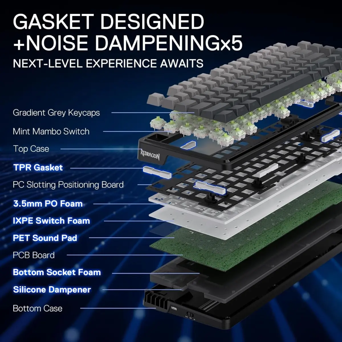 Redragon K673SP 75% Wireless Gasket RGB Gaming Mechanical Keyboard, 3-Modes w/Hot-Swap Socket, Dedicated Knob Control & 5-Layer Noise Dampening, Custom Linear Switch (Gradient Gray)