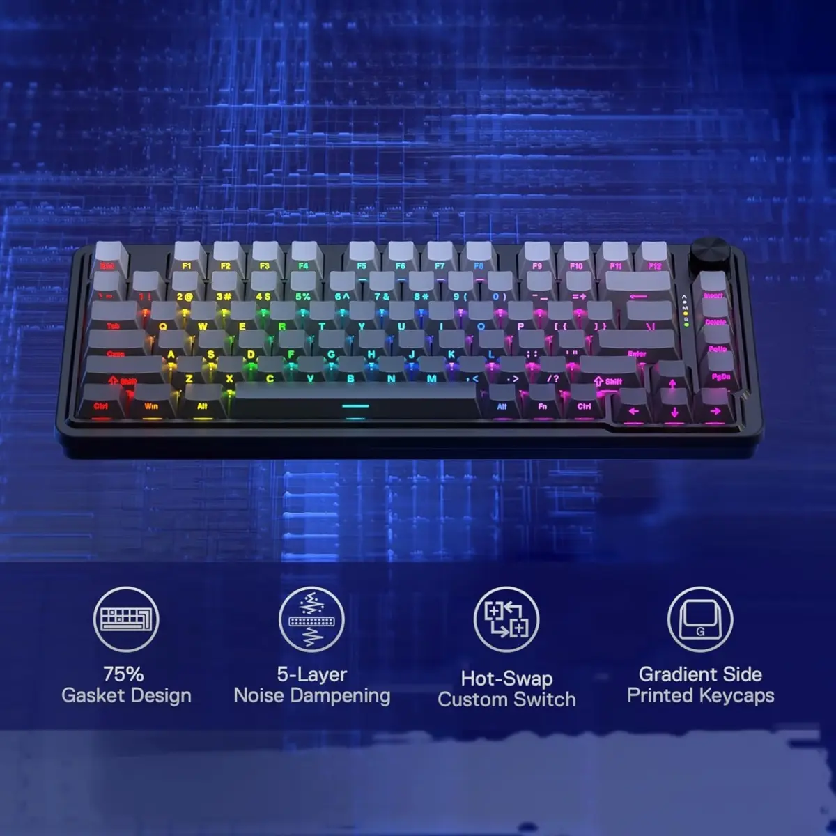 Redragon K673SP 75% Wireless Gasket RGB Gaming Mechanical Keyboard, 3-Modes w/Hot-Swap Socket, Dedicated Knob Control & 5-Layer Noise Dampening, Custom Linear Switch (Gradient Gray)