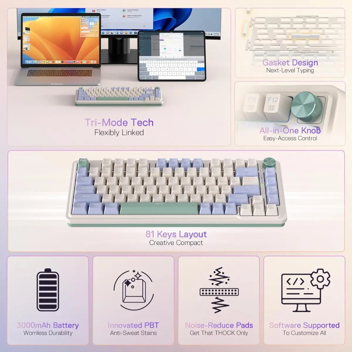 Redragon K673CPG 75% Wireless Gasket RGB Gaming Mechanical Keyboard, 3-Modes w/Hot-Swap Socket, Dedicated Knob Control & 5-Layer Noise Dampening, Custom Linear Switch (Vintage Blue)