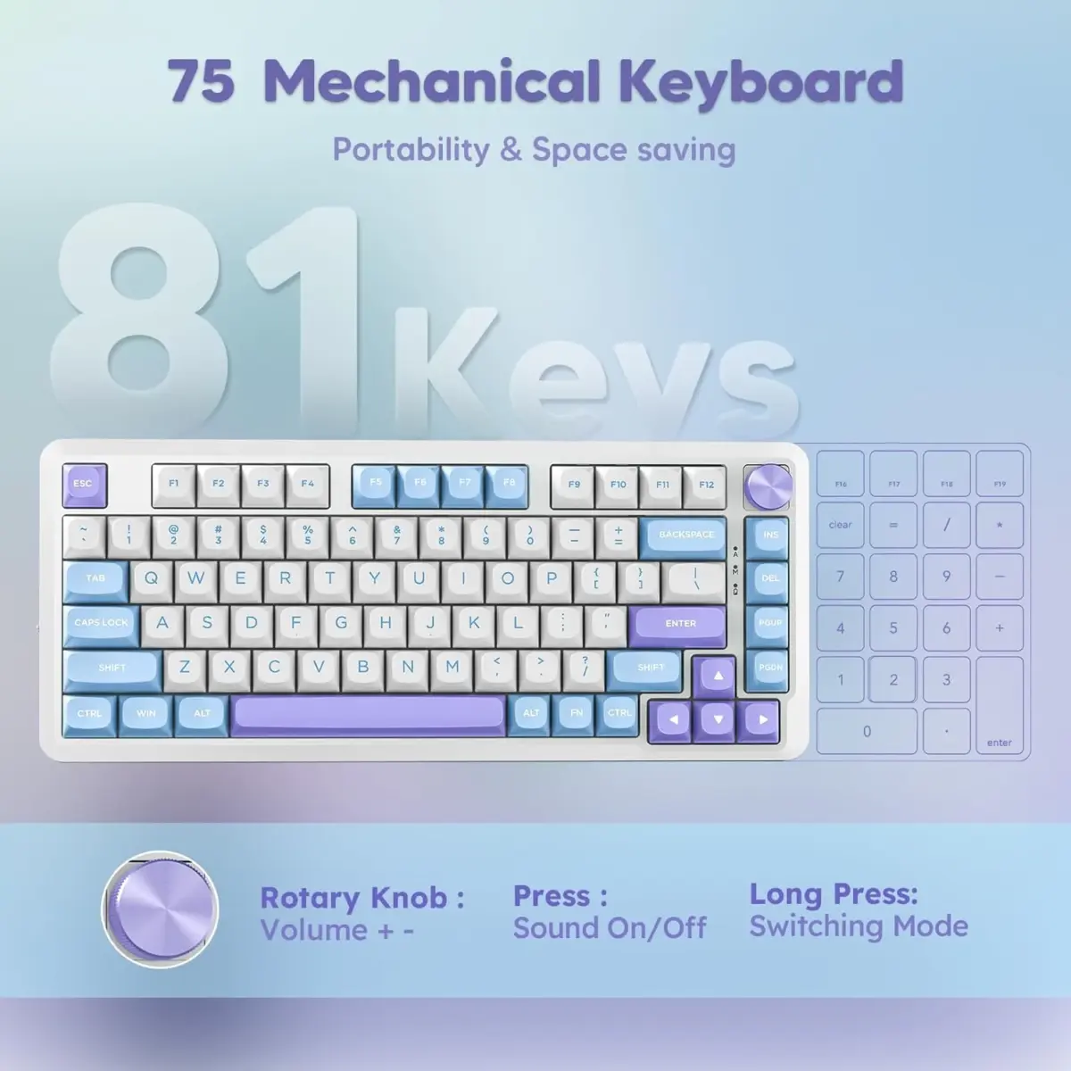 Redragon K681WBP Cyrus Pro RGB Dual Mode Wireless 2.4G, Bluetooth & Wired 75% Gasket Hot-Swappable Mechanical Keyboard With Knob