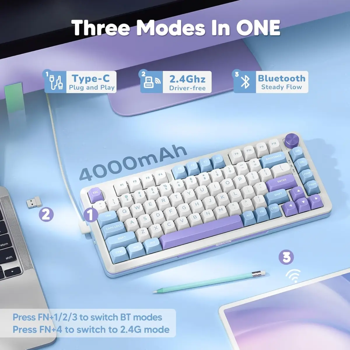 Redragon K681WBP Cyrus Pro RGB Dual Mode Wireless 2.4G, Bluetooth & Wired 75% Gasket Hot-Swappable Mechanical Keyboard With Knob