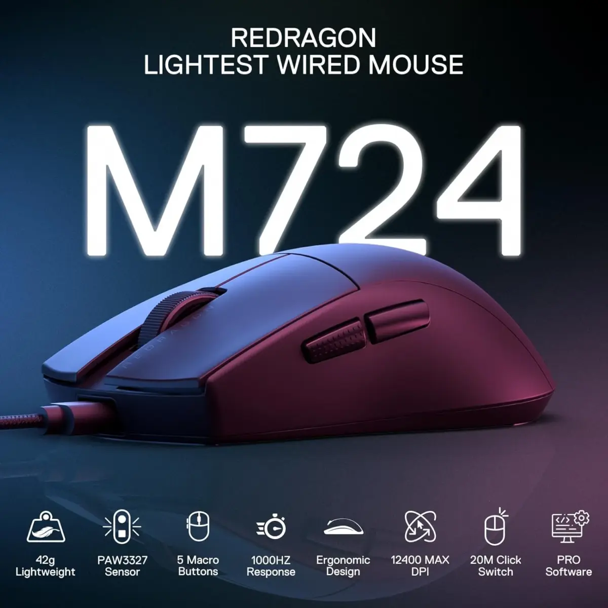 Redragon M724 Wired Gaming Mouse, 42G Ultra-Light Optical 12,400 DPI (Black)