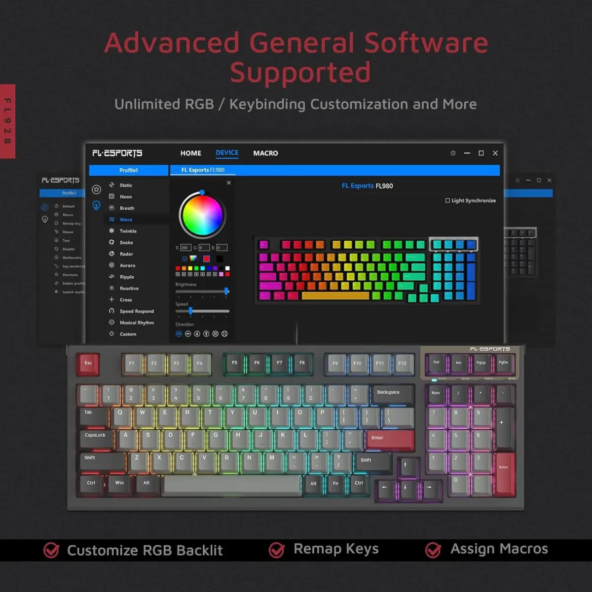 FL ESPORTS FL980 96% RGB Gaming Mechanical Keyboard Hot Swappable Kailh Box Red Switch - Programmable, Durable PBT Keycaps