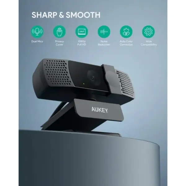 AUKEY 1080P Webcam With Cover Full HD 2.1 Mega Pixel With Dual Microphone, Auto focus, 30 FPS, Wide Angle 110