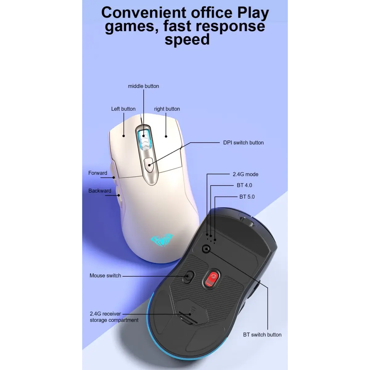AULA SC525 Wireless,Bluetooth RGB Gaming Mouse - Optical Sensor 4,600 DPI With Gripe Tape (Black)