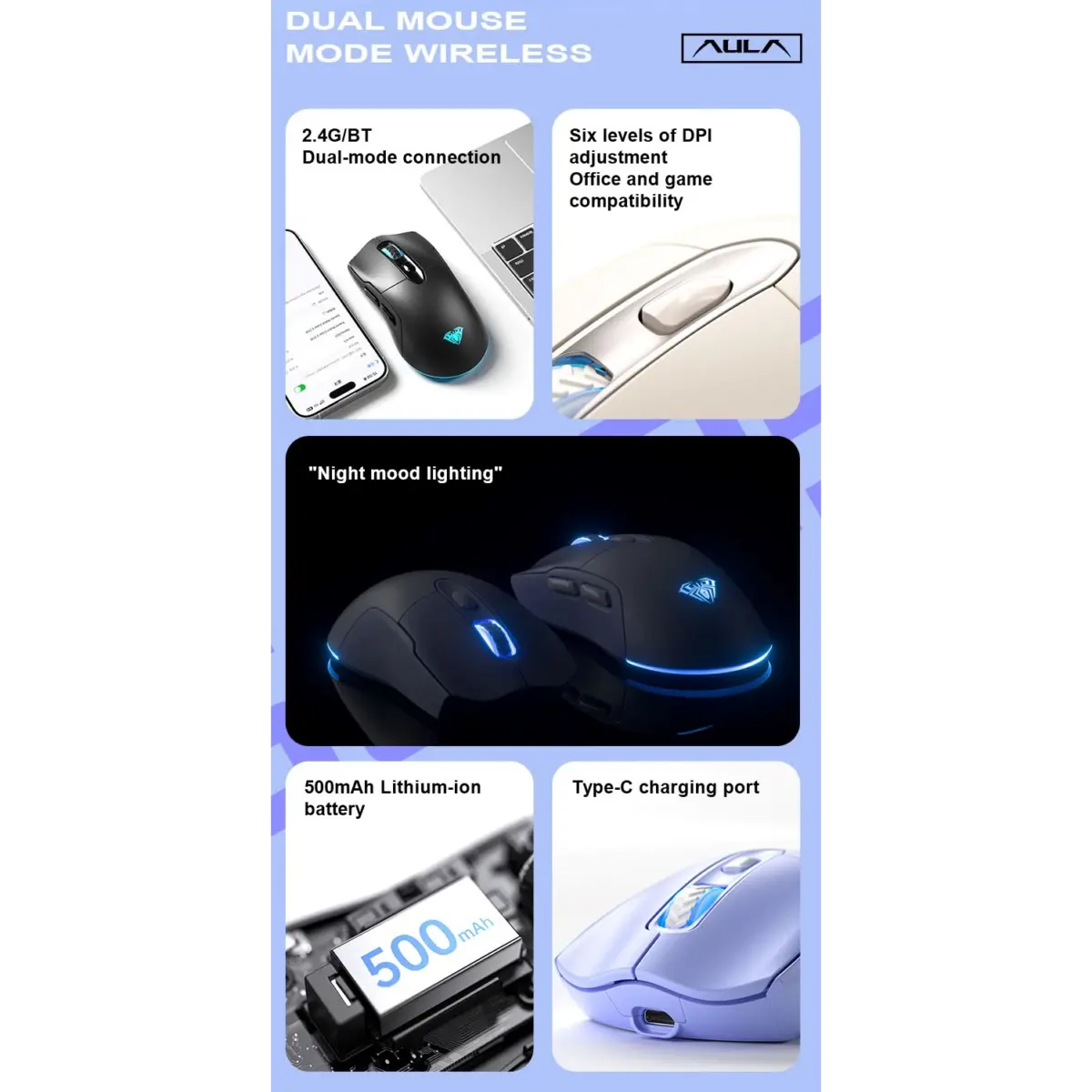 AULA SC525 Wireless,Bluetooth RGB Gaming Mouse - Optical Sensor 4,600 DPI With Gripe Tape (Black)