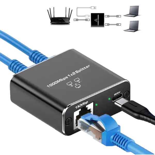 Ethernet Splitter, Ethernet Splitter 1 to 2 High Speed 1000Mbps, LAN Ethernet Socket Connector Adapter for Cat87, 1 in 2 Out [2 Devices Simultaneously Networking]